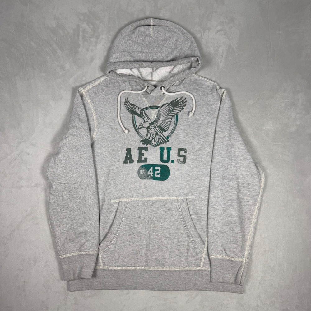 Y2K Mens American Eagle Outfitters Graphic Fleece Hoodie Heather Gray XL